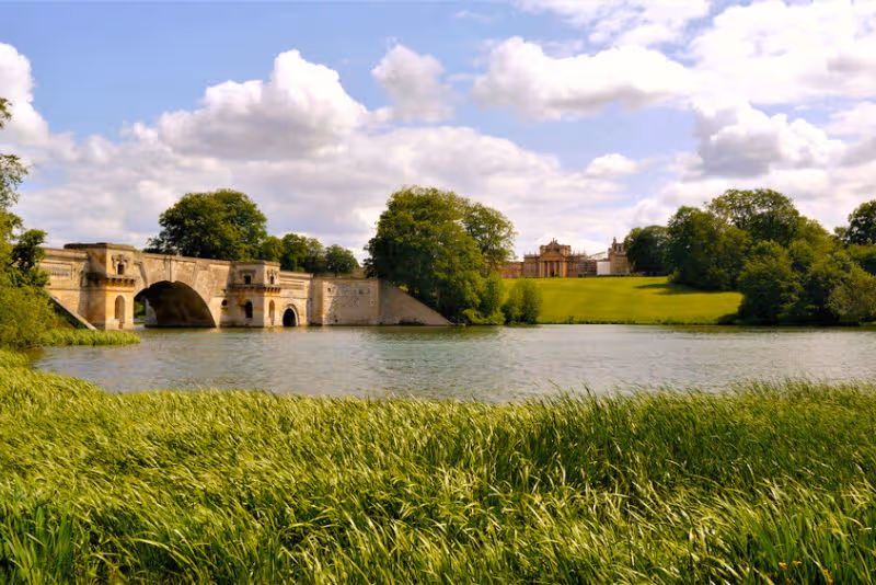 The grand facade of Blenheim Palace with its fountain